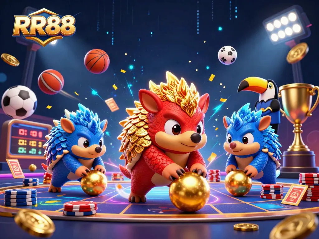 RR88 pangolins compete in a vibrant casino scene packed with golden scales and dynamic betting action.