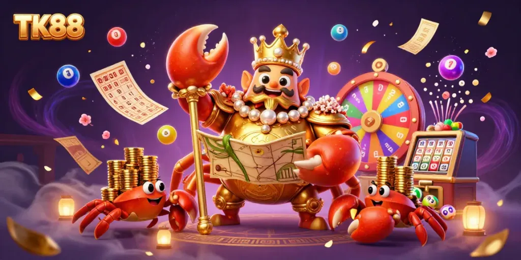 Engage with TK88's dynamic casino scene featuring a golden crab emperor amidst vibrant game elements.