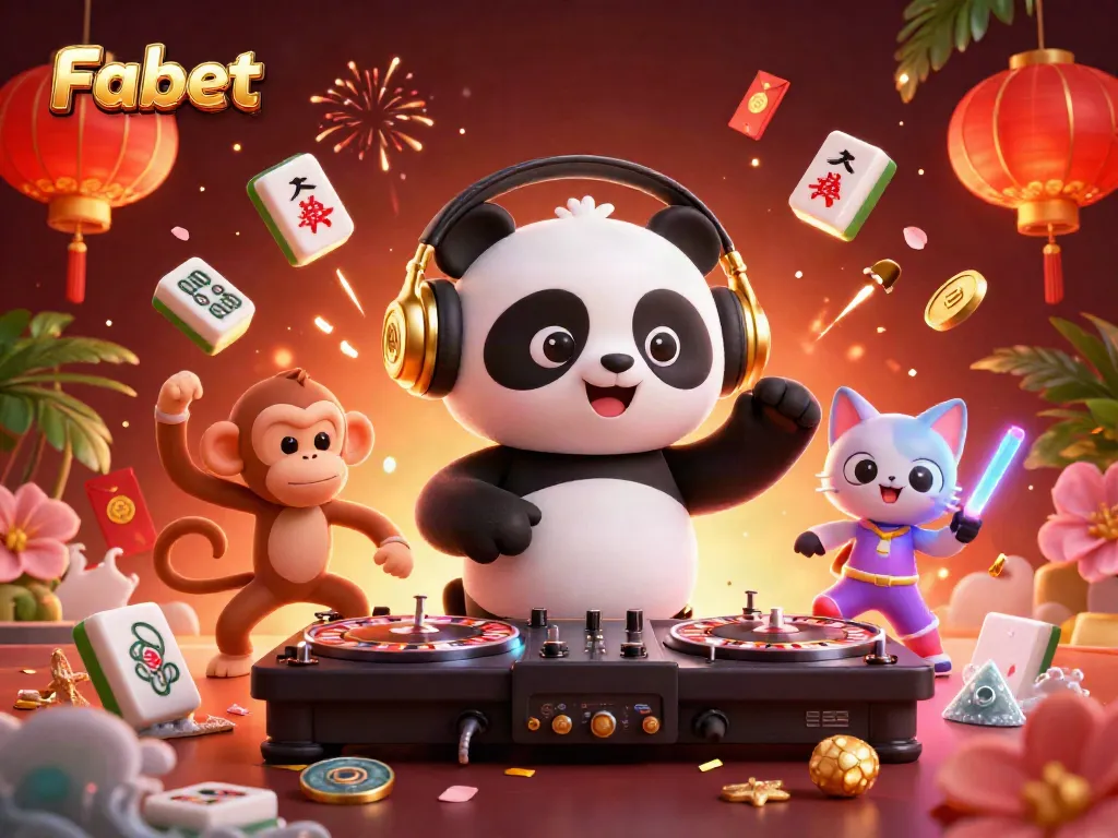 Experience Fabet's vibrant gaming atmosphere with a DJ panda, glowing kitten, and lively monkey.