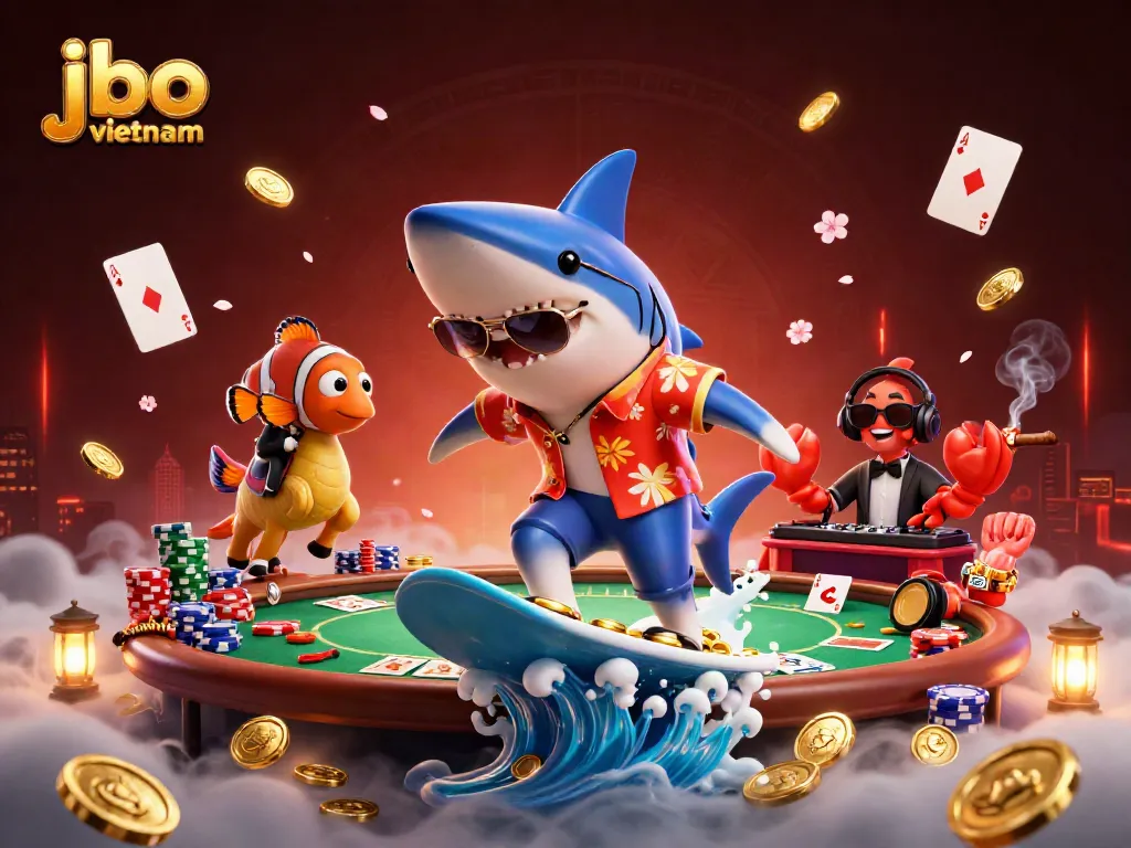 Surf with jbo vietnam’s animated characters amidst vibrant casino elements and gold coins