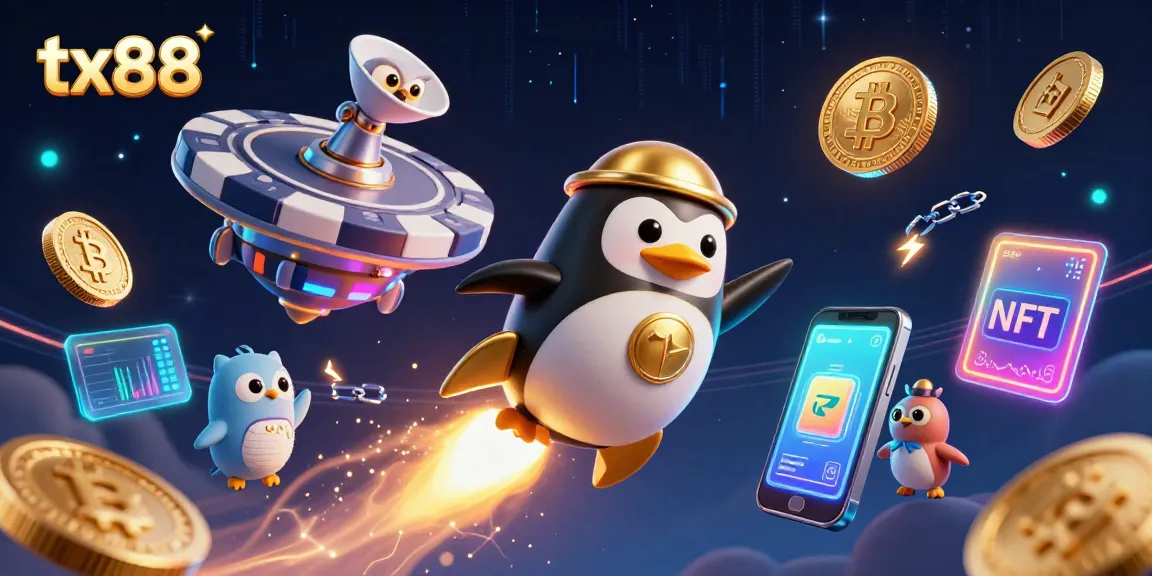 tx88 penguin flying towards a casino space station, filled with cryptocurrency elements and casino items, creating a dynamic atmosphere.