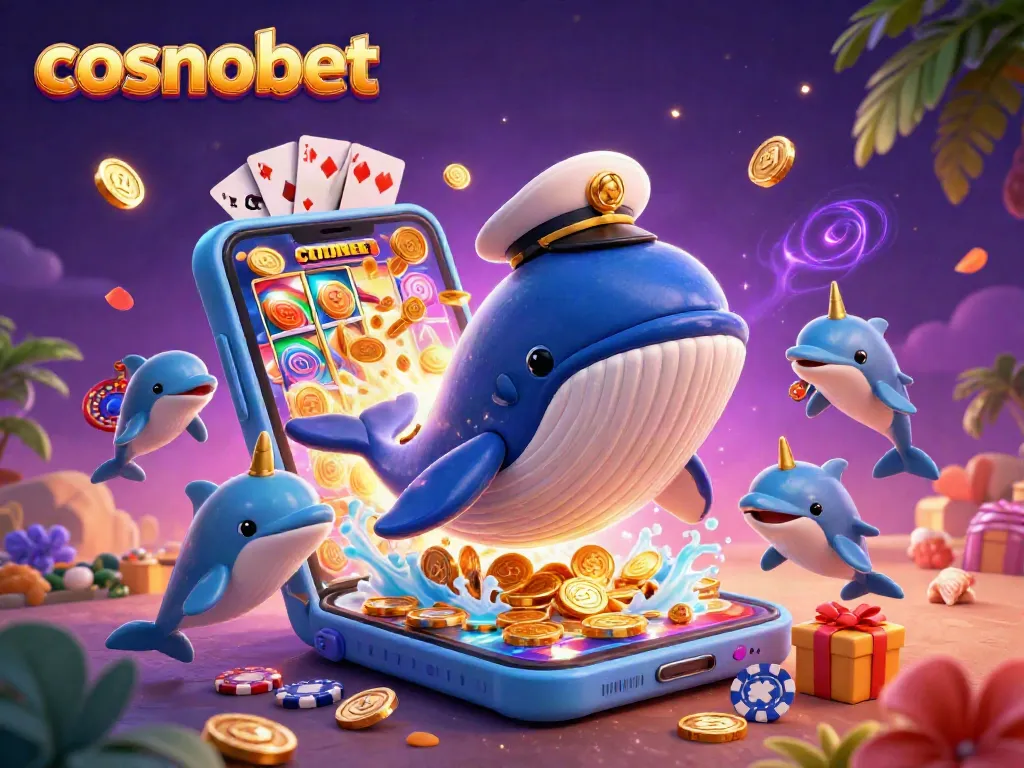 Engage with the vibrant illustration featuring cosmobet's animated characters and casino elements.