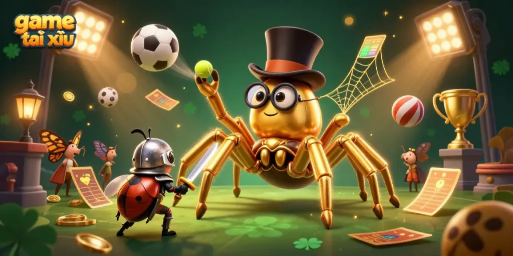 Experience the excitement of game tài xỉu with a dynamic scene featuring a golden tarantula and beetle knight.