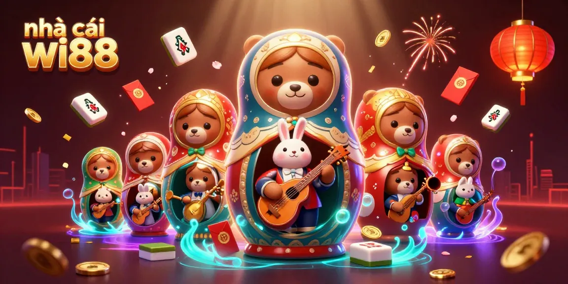 Join the excitement at nhà cái wi88 with a vibrant scene filled with charming casino elements and Russian Matryoshka bears.