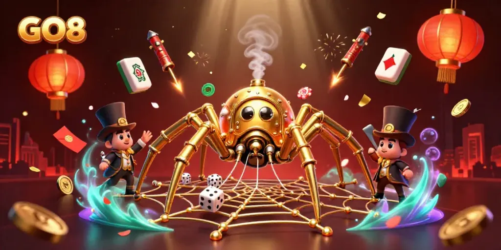 Engage with GO8's immersive gambling experience featuring a golden spider and Victorian elements.