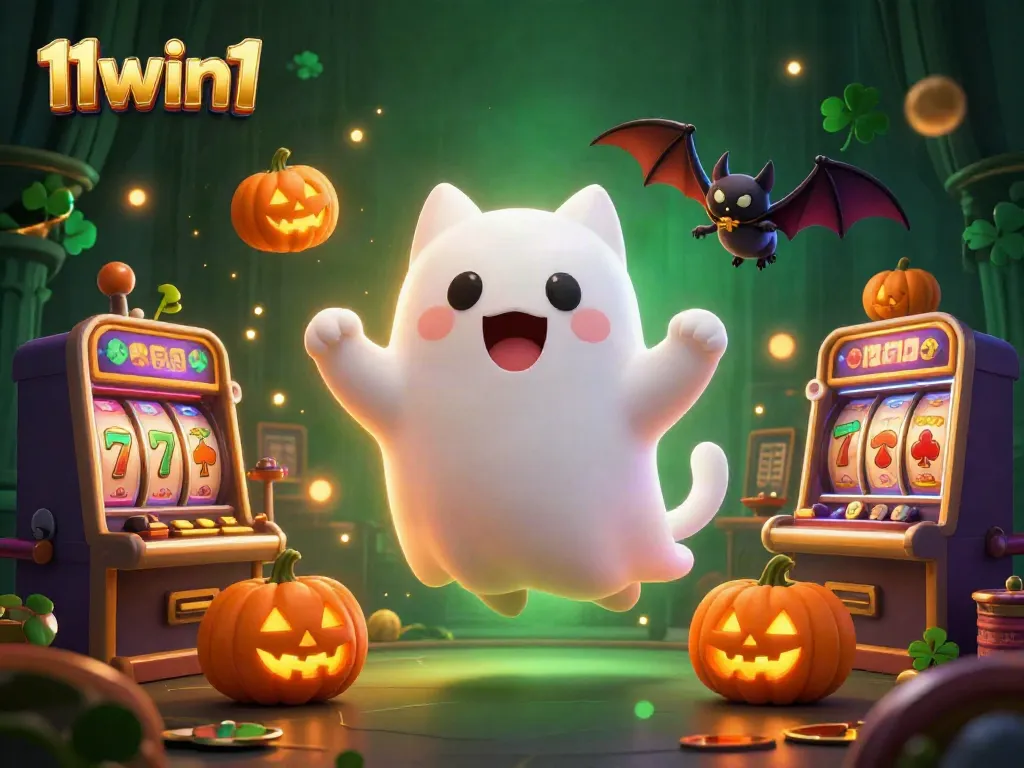 Experience the thrilling fun of 11win1, where a charming ghost cat and vampire bat explore a haunted casino filled with vibrant slots and lucky symbols.