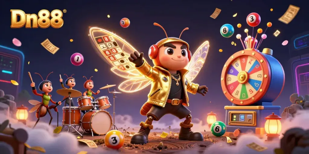 Engage with Dn88 through vibrant lottery elements and exciting casino characters.