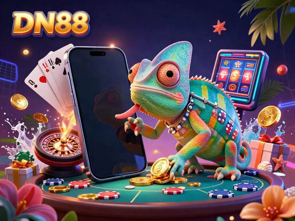 Experience the vibrant world of DN88 with a chameleon casino owner and dynamic gambling elements.