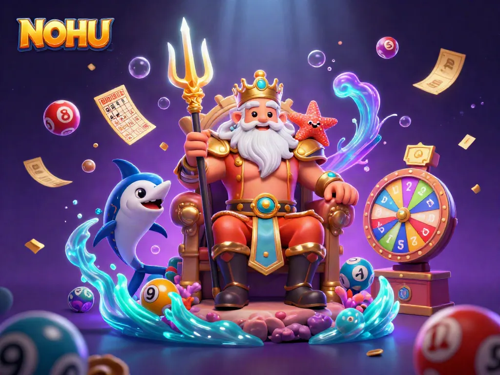 Engage with NOHU's exciting gambling elements in a vibrant underwater scene featuring Neptune and colorful game components.
