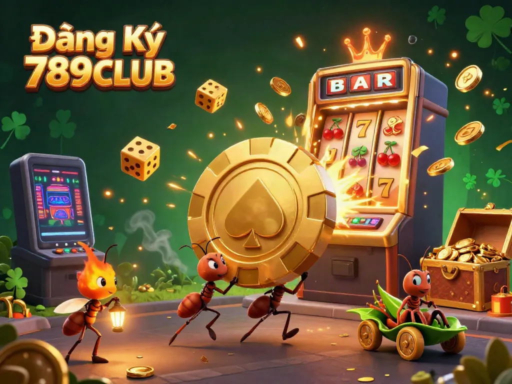 Engage with Đăng Ký 789CLUB as ants carry a giant poker chip amid casino elements in a vibrant heist scene.