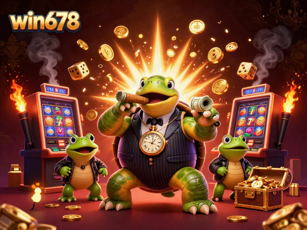 Experience high-stakes thrills at win678 with cartoon characters amidst exploding slot machines and casino elements.