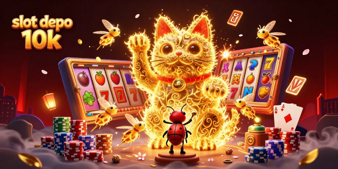 Experience the thrill of slot depo 10k with this vibrant, 3D casino illustration showcasing a giant lucky cat and slot symbols.
