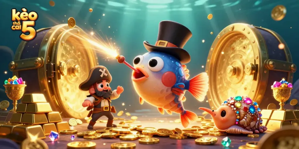 Engage with kèo nhà cái 5 while attracting golden coins in this vibrant underwater scene.