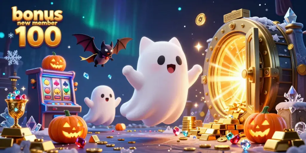 Experience the thrill of the bonus new member 100 at this vibrant casino scene with whimsical characters and rich colorful details.