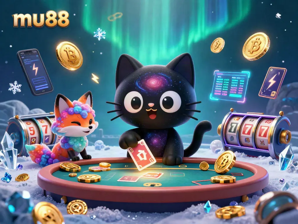 Engage with mu88's exciting cosmic casino, featuring a black hole cat and vibrant NFT elements.