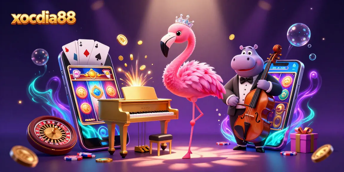 xocdia88 illustrates a lively casino scene with a flamingo singer and hippo bassist, surrounded by dynamic game elements.