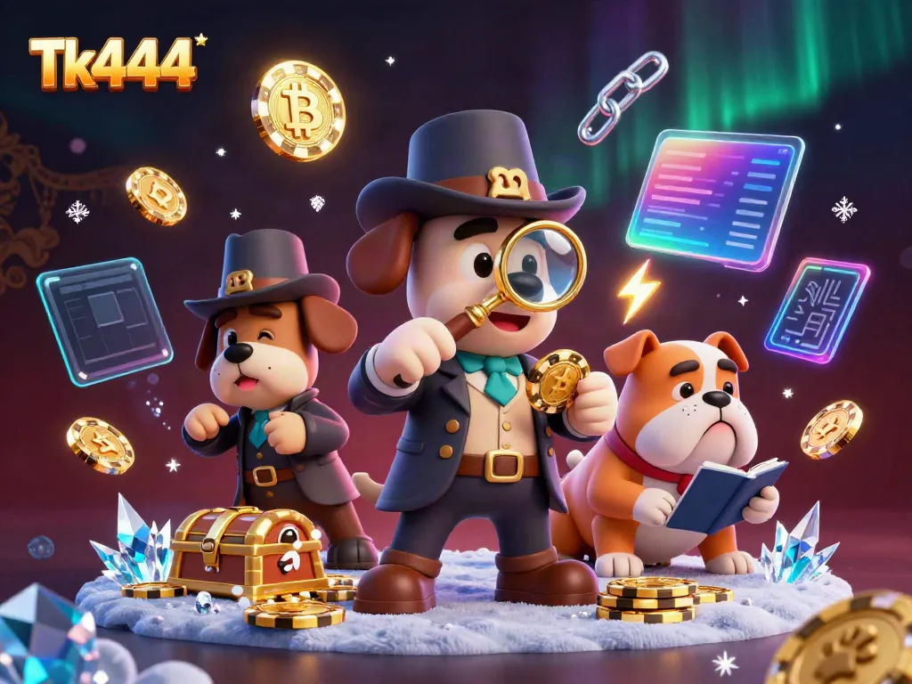 Engage with the thrilling Tk444 online casino experience with an engaging 3D illustration featuring a detective and his bulldog companion.