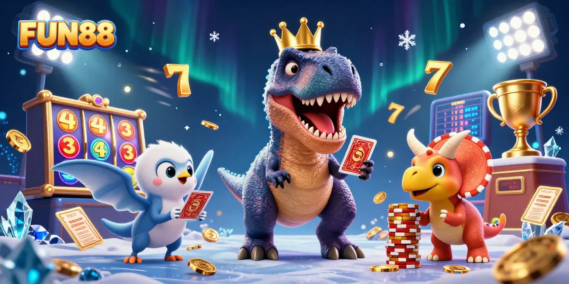 Experience FUN88's dynamic casino atmosphere with a playful T-Rex shuffling cards and friends stacking chips.