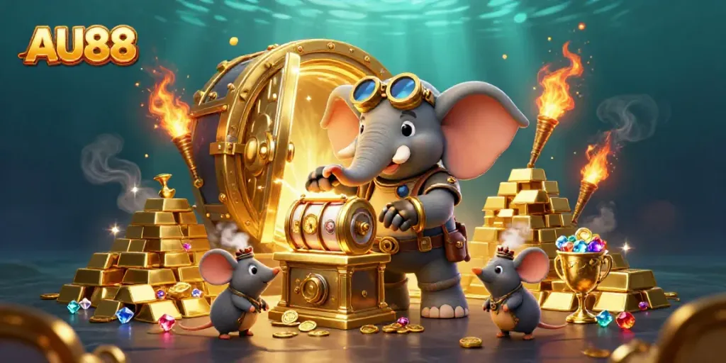 Experience the thrill of AU88 with a steampunk elephant operating a golden slot machine in a vibrant casino scene.