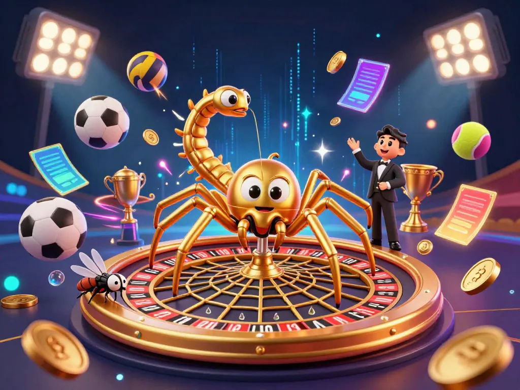 Join the 8S adventure with a golden spider and centipede croupier at a vibrant roulette web.