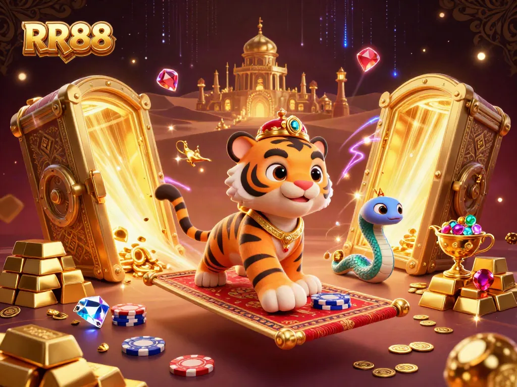 Experience the excitement of RR88 casino with immersive cartoon art featuring a sultan and treasures.