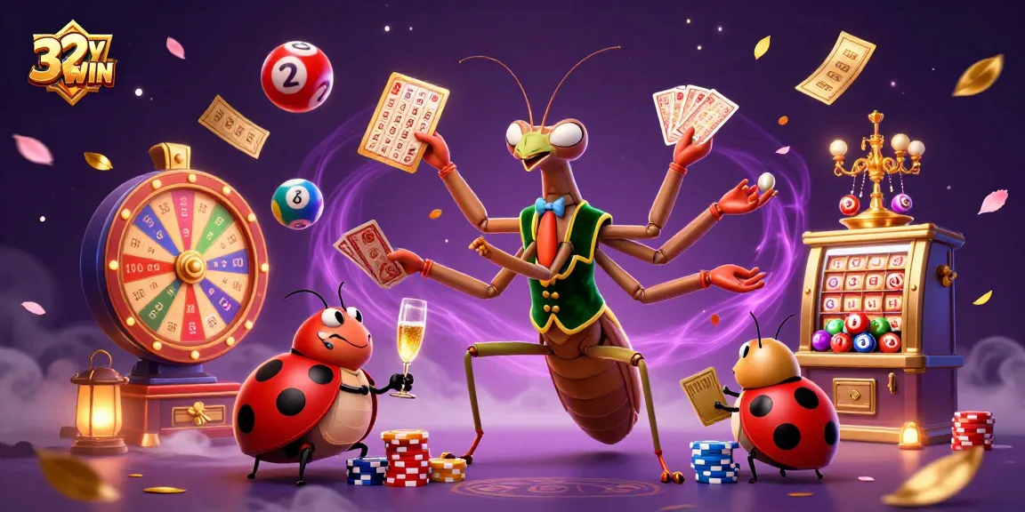 Experience excitement at 32WIN with a dynamic casino scene featuring colorful lottery elements.