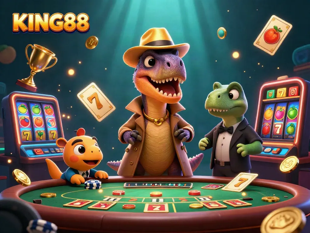 Experience the excitement of KING88 casino with a dynamic scene featuring vibrant characters and gaming elements.