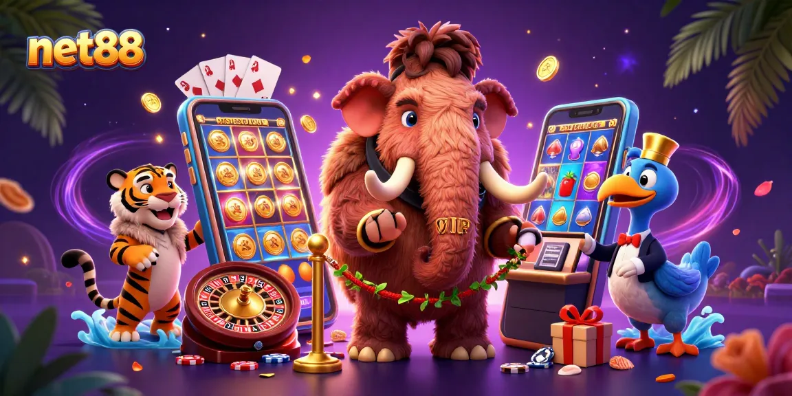 Engaging scene showcasing net88's vibrant casino atmosphere with unique characters and dynamic gaming elements.