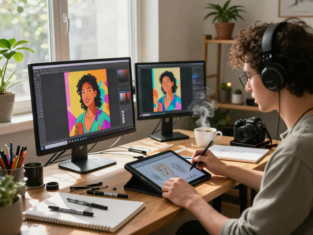 NSFW AI digital artist creating vibrant images in a cozy studio.