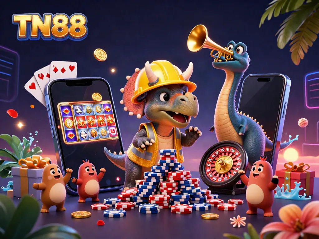 Engaging scene with TN88 featuring a triceratops stacking poker chips and a parasaurolophus celebrating amidst vibrant gaming elements.
