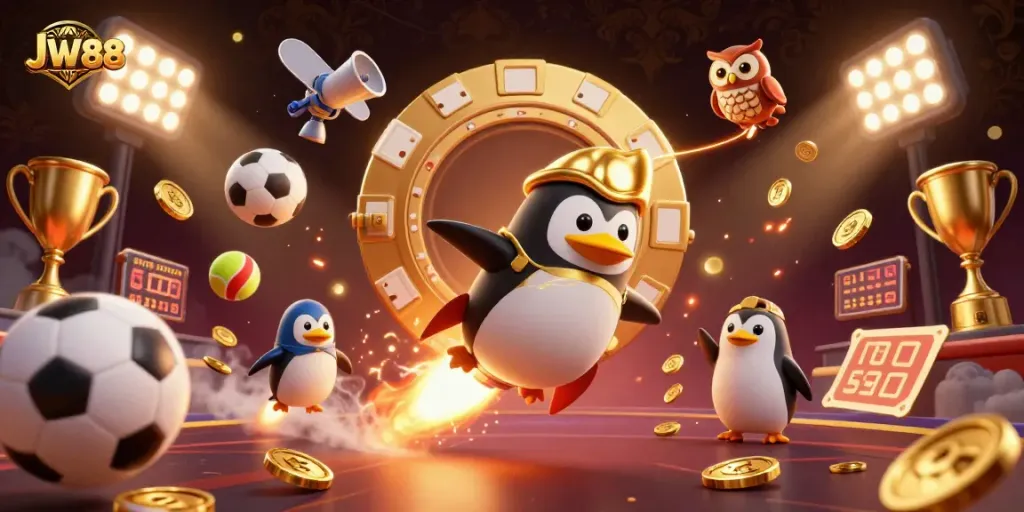 Experience thrilling gameplay at JW88, a dynamic casino atmosphere featuring sports elements, coins, and a golden penguin.