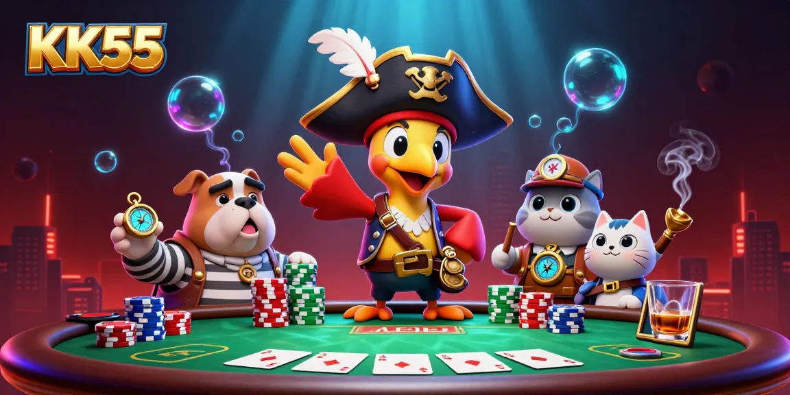 Engage in thrilling casino adventures with KK55 featuring vibrant gaming elements in a colorful pirate-themed scene.