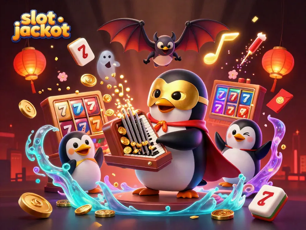 Experience the thrill of slot jackpot with a whimsical 3D cartoon penguin and golden coins in a vibrant casino scene.