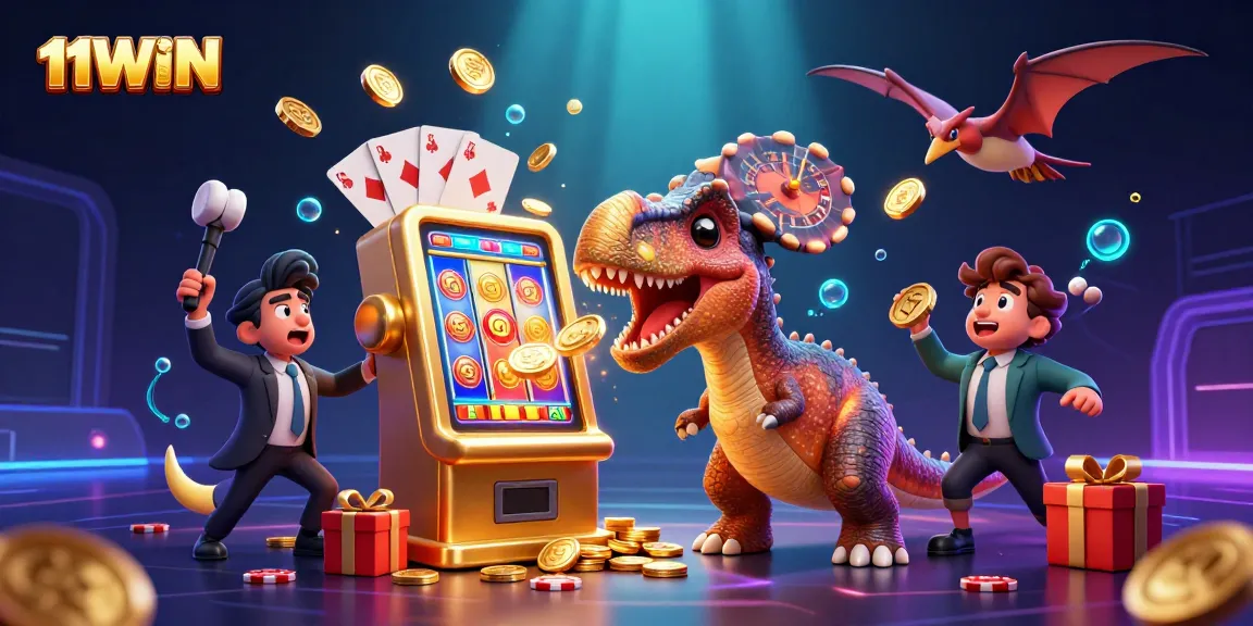 11WIN slot adventure with a dinosaur jackpot scene featuring golden coins and vibrant games.