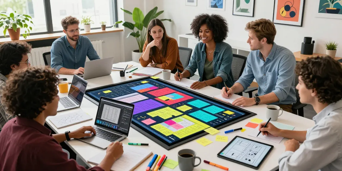Team collaborating on a mix board in a vibrant creative workspace, showcasing innovative ideas and designs.