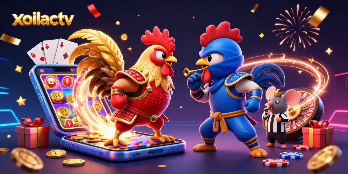 Xoilactv showcases a dynamic scene of cartoon fighting roosters with casino elements like slot games and poker chips.