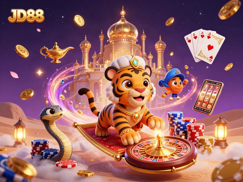 Engage with JD88 casino adventures, featuring a tiger sultan and treasures in a magical setting.