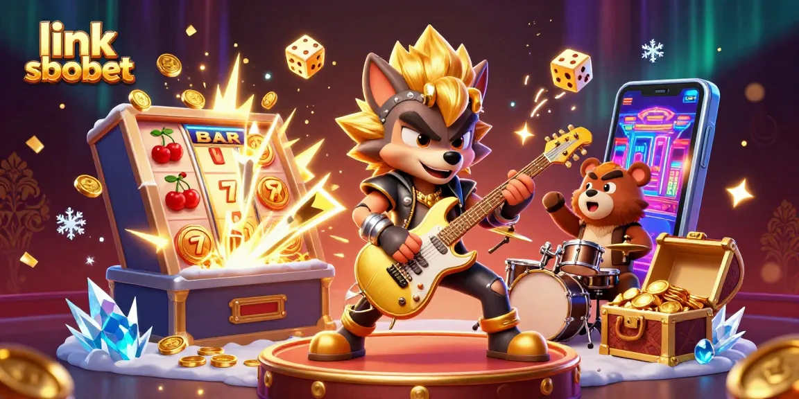 Win big with link sbobet at our casino, featuring an action-packed scene of animated characters and slot machines.