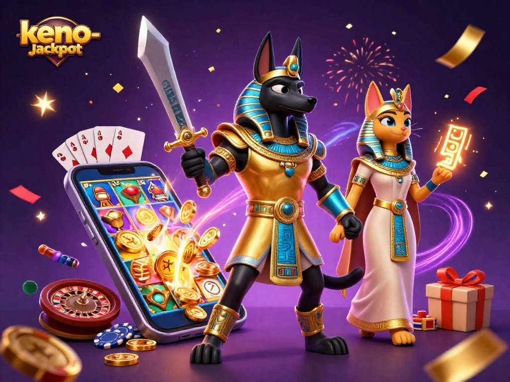 Engage with keno-jackpot excitement as Anubis and Bastet celebrate thrilling wins in a vibrant casino scene.