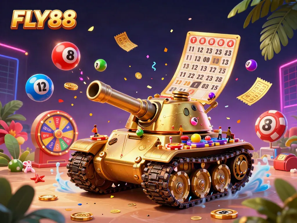 Experience FLY88's vibrant casino excitement within a golden beetle-themed tank, bursting with lottery elements and energy.
