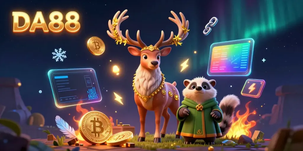 Experience the thrilling atmosphere of DA88 cockfighting in a vibrant 3D scene featuring a magical druid stag and a wise badger.