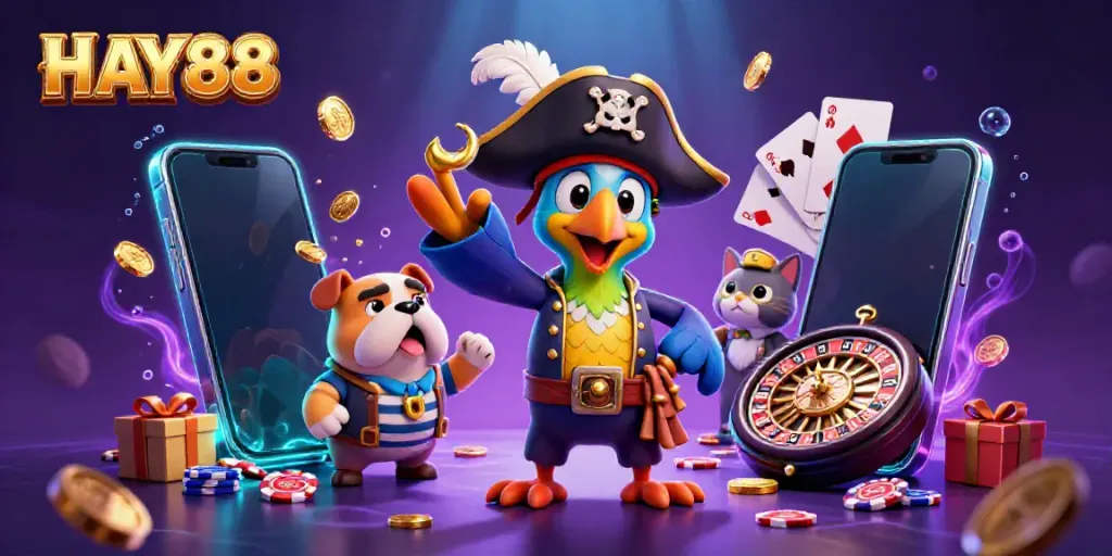 Experience thrilling gameplay at HAY88 with vibrant casino elements surrounding animated characters.