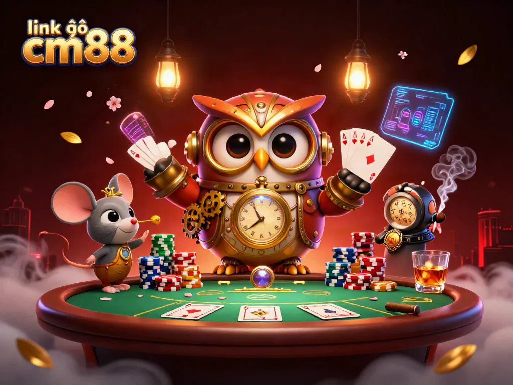 Engage with the link vào cm88 through a lively casino scene featuring steampunk-themed characters and rich gaming elements.