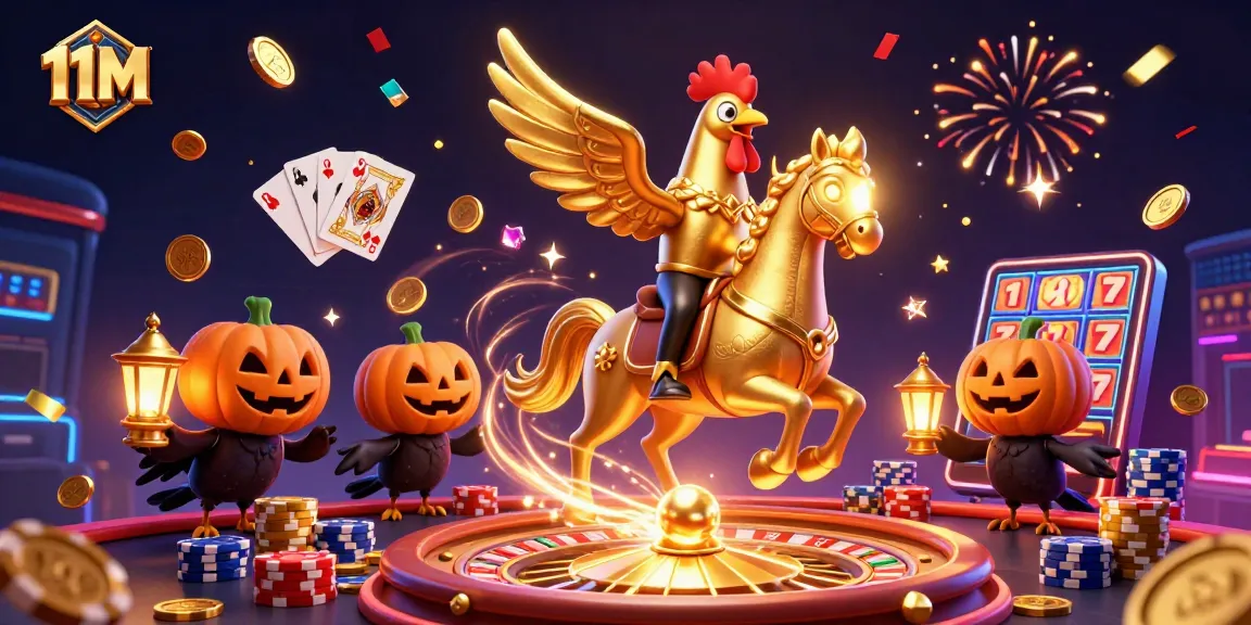 Experience the thrilling 11M casino adventure featuring golden rooster and winning symbols!