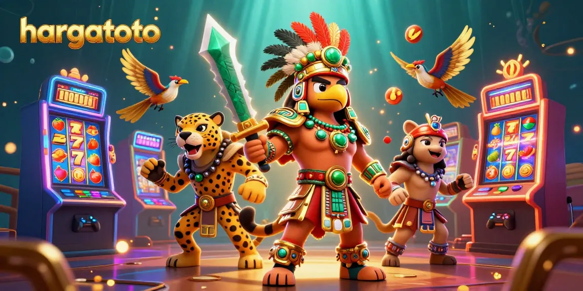 Experience hargatoto's vibrant slot machines and Aztec warriors battling for jackpots in this 3D casino art.