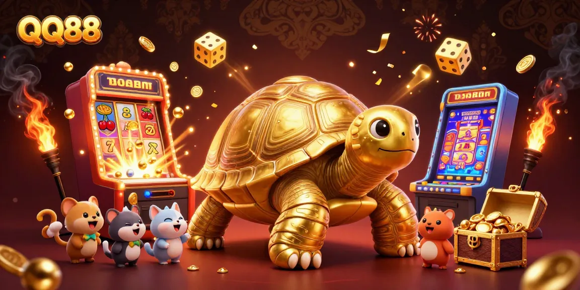 Experience exciting gameplay at QQ88 with a vibrant illustration of a friendly tortoise and animated casino elements.