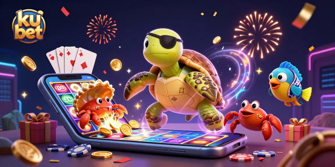 Experience exciting gaming action with ku bet in a vibrant 3D illustration showcasing a pirate turtle and treasure.