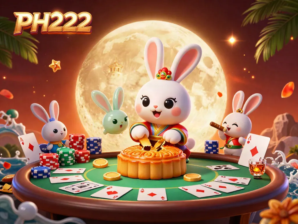 Experience thrilling gaming with PH222, where the moon rabbit reveals poker chips amidst a vibrant casino scene.