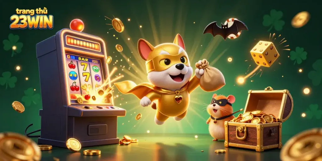Experience excitement at trang chủ 23WIN with a vibrant superhero dog illustration celebrating casino victories.