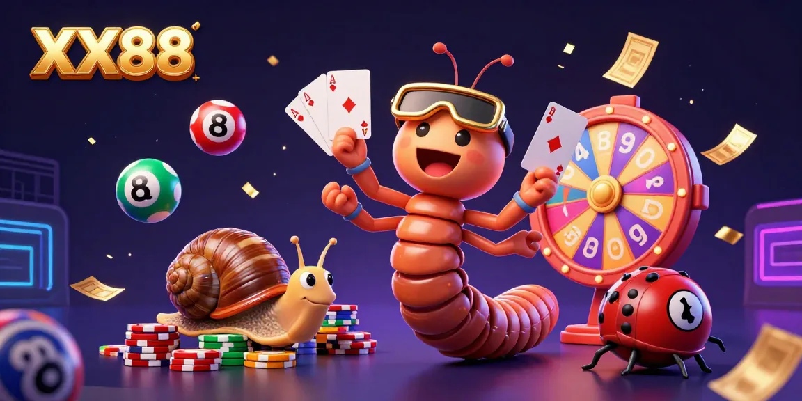 Engage with the excitement of XX88 casino games featuring a whimsical illustration of animated characters celebrating big wins.